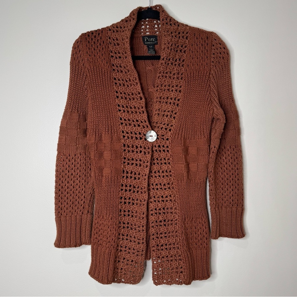 Pure Handknit 100% Cotton Neutral Brown Open Knit One Button Cardigan‎ Sweater